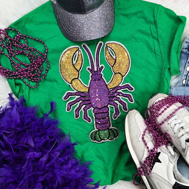 Mardi Gras Crawfish Sequin Patch, vibrant purple and gold crawfish design made with shiny sequins on a green t-shirt.