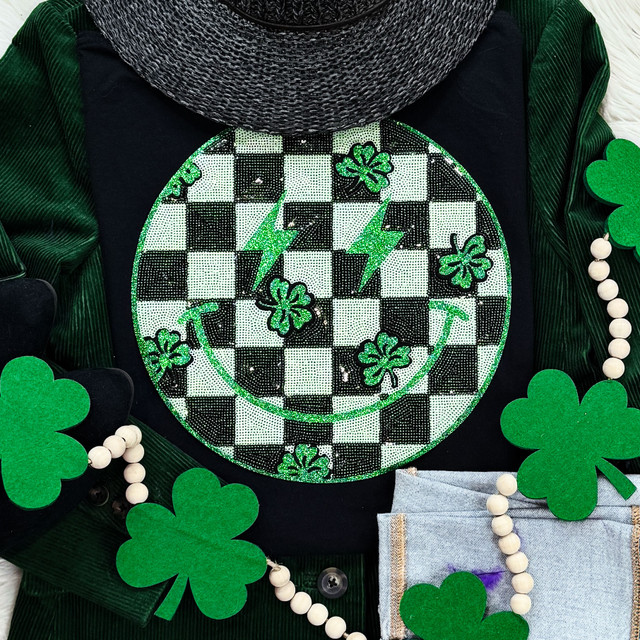 Sequin Checkered Happy Face with Shamrocks Patch