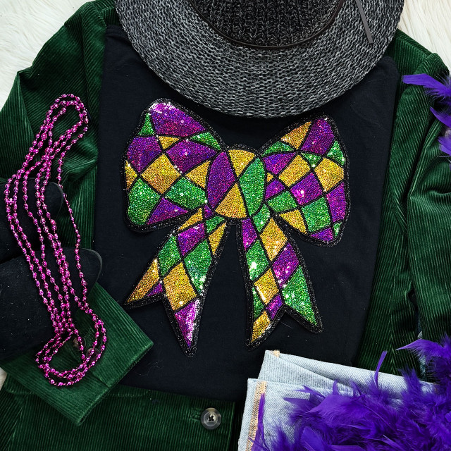 Sequin Mardi Gras Bow Patch 