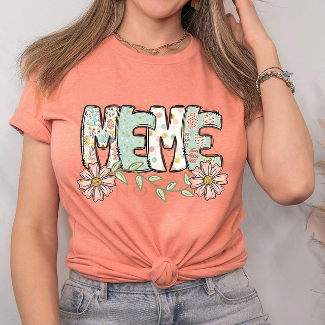 Meme Easter Pattern DTF Heat Transfer, colorful and floral Easter-themed design on a pink T-shirt.