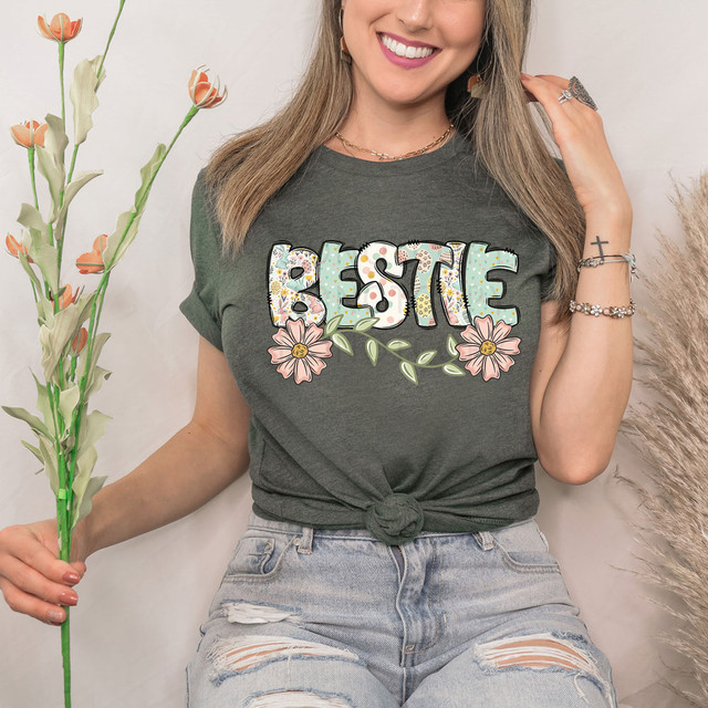 Bestie Easter Pattern DTF Heat Transfer, colorful floral greeting word design on a women's T-shirt.