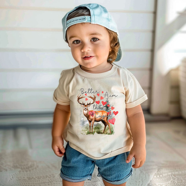 Better Aim Than Cupid DTF Heat Transfer, image of a smiling toddler wearing a beige T-shirt with a deer and hearts design and the text 'Better Aim Than Cupid'.