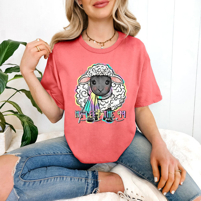 He Left The 99 For Me Sheep DTF Heat Transfer, a colorful and cute sheep graphic on a pink T-shirt.