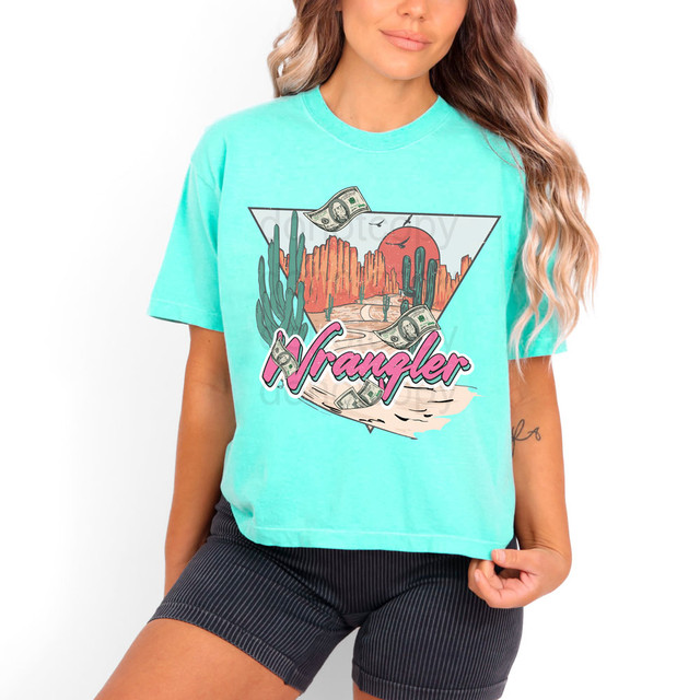 Wrangler Desert Scene DTF Heat Transfer, image of a woman wearing a light blue t-shirt with a desert landscape and dollar bill design.