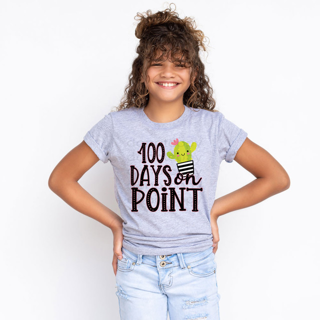 100 Days On Point DTF Heat Transfer, young girl wearing a T-shirt with a cactus design and the text '100 Days On Point'.