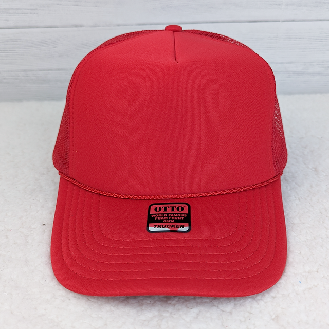 Red Foam Trucker Hat, front view showing mesh sides and curved brim with stitched details.