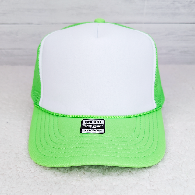 Neon Green & White Foam Trucker Hat, front view of a stylish mesh trucker cap featuring a neon green brim and white front panel with a label that says Otto World Famous Foam Front Trucker.