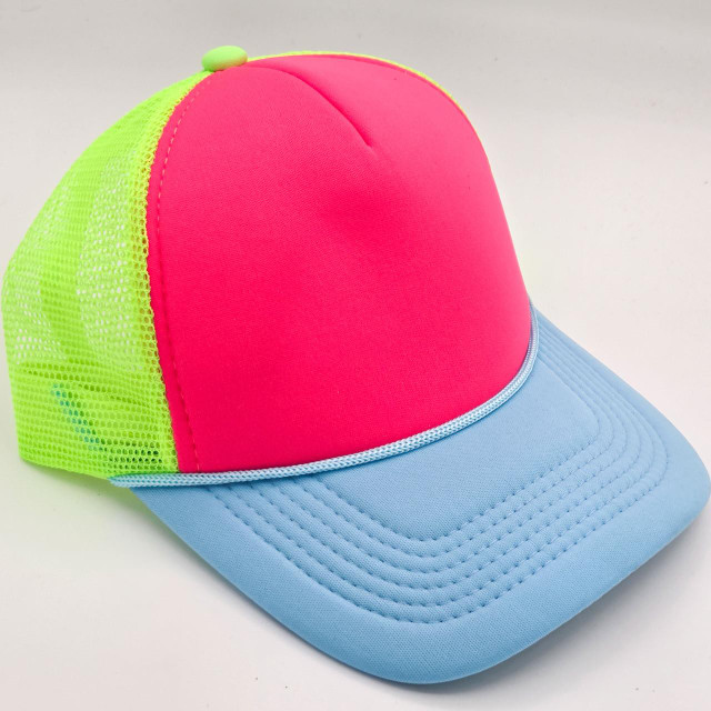 Blue Billed Tricolor Foam Trucker Hat, neon pink front panel with pale blue bill and green mesh back panel.