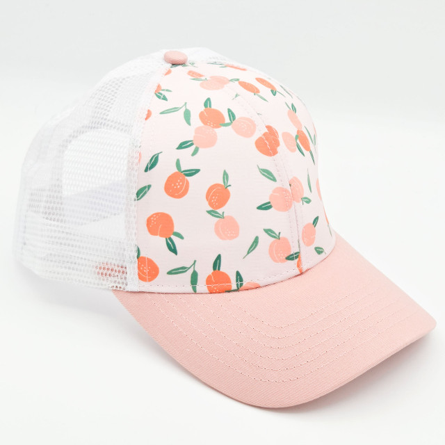 Peach Patterned Trucker Style Hat, white and pink mesh trucker cap with peach print design and pink curved brim.
