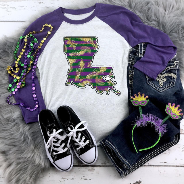Louisiana Map Sublimation Transfer, colorful Louisiana state map with green and purple tropical leaf pattern.