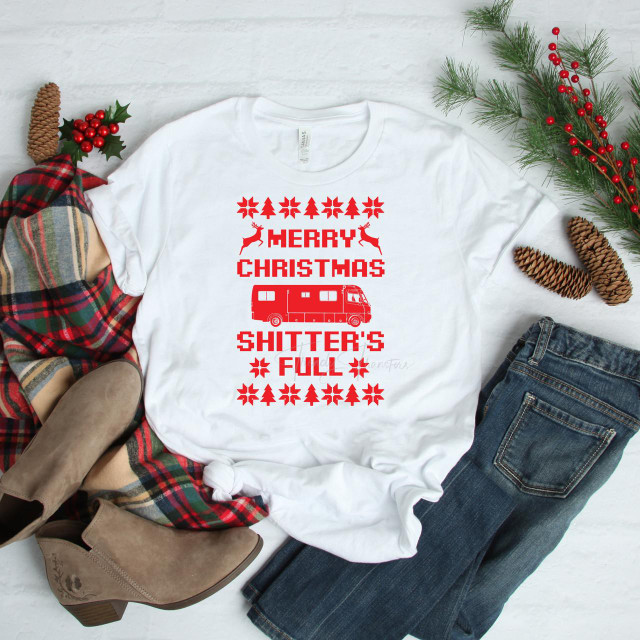 Merry Christmas, Shitter's Full Sublimation Transfer T-shirt with Christmas-themed design including reindeer, Christmas trees, and snowflakes.