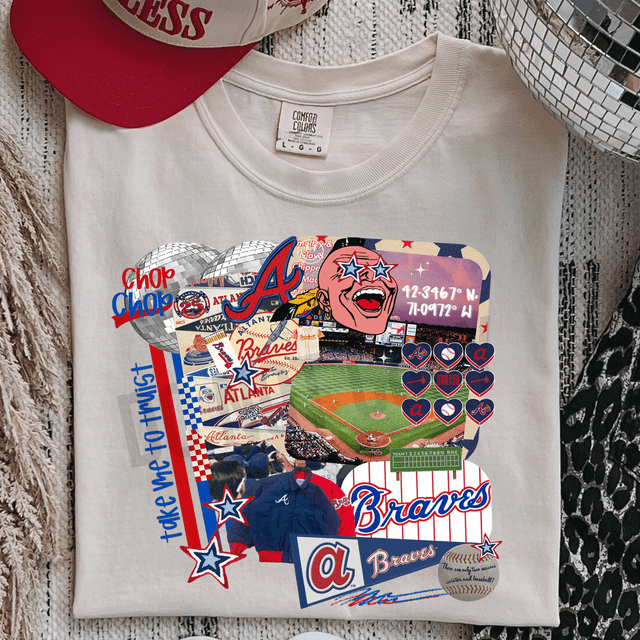 Atlanta Baseball Collage DTF Heat Transfer, vibrant and detailed collage of Atlanta Braves themed artwork, including baseball stadium, team logo, and mascot graphics on a white T-shirt.