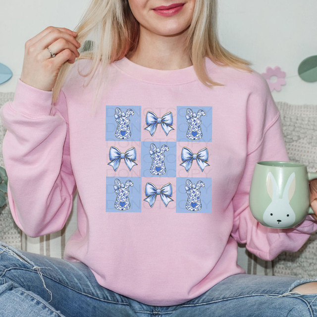 Blue Toile Coquette Bunny DTF Heat Transfer, floral bunny and bow design on pink sweatshirt.
