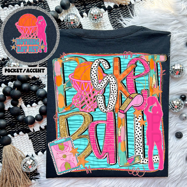 Basketball Nothing But Net Retro Faux Glitter SET DTF Heat Transfer, colorful basketball-themed design with glitter accents on a dark fabric background.