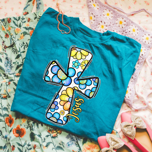 Blue/Yellow Flower Cross DTF Heat Transfer, vibrant floral cross design with yellow and blue flowers for garment decoration.