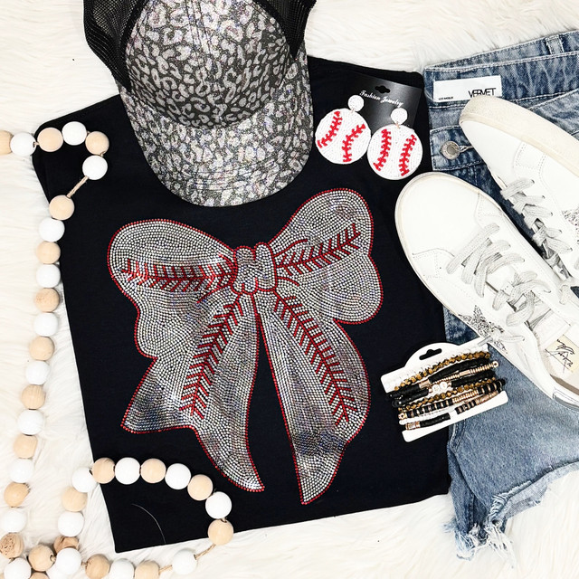 Baseball Bow Spangled Transfer, sparkling rhinestone design of a bow with red baseball stitch pattern.