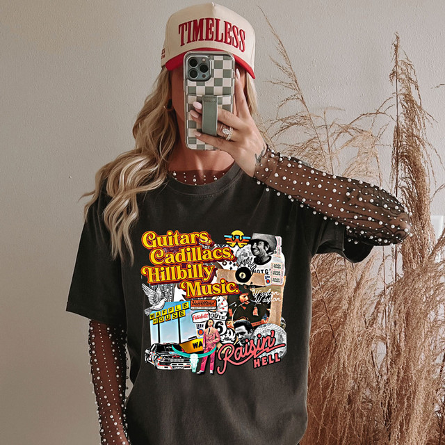Guitars Cadillacs Hillbilly Music DTF Heat Transfer, a colorful collage of musical and urban elements on a black T-shirt.