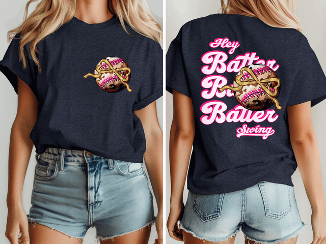 Hey Batter Batter Various Color Options DTF Heat Transfer, product image showing a T-shirt with a baseball graphic and customizable text on the front and back.