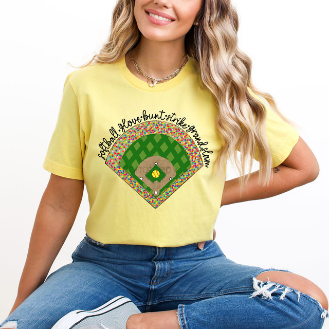 Softball Glove Bunt Strike Grand Slam DTF Heat Transfer, colorful heat transfer design with softball field and text.