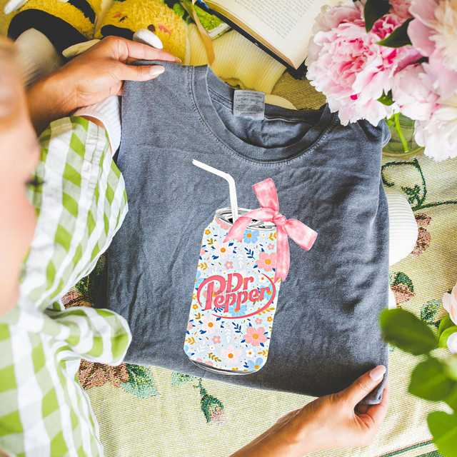 DrP Floral Coquette Can DTF Heat Transfer, colorful floral pattern on a soda can design applied to a gray T-shirt.