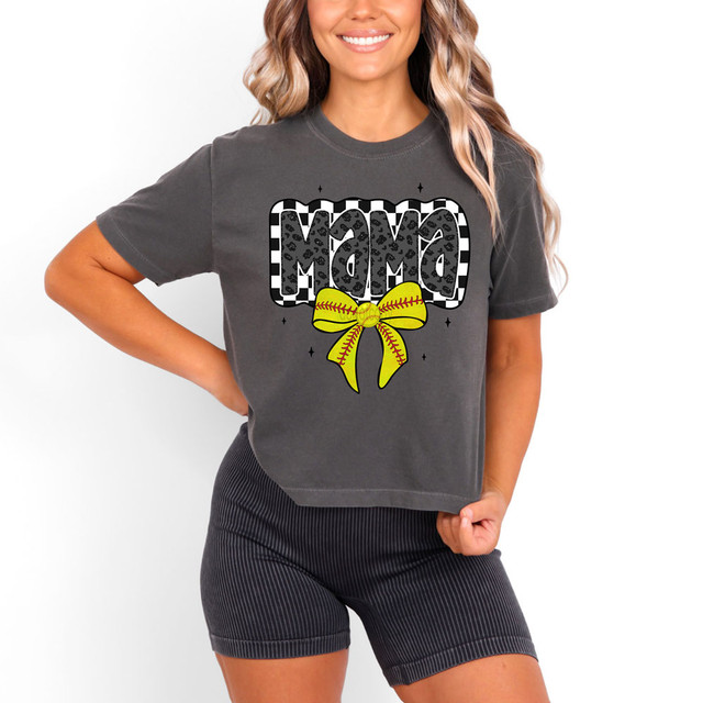 Leopard Softball Bow Mama DTF Heat Transfer, a colorful design featuring the word 'Mama' with a yellow softball bow, used for custom heat transfer on clothing.
