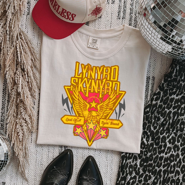 Skynard Fan Art DTF Heat Transfer, colorful graphic t-shirt featuring Lynyrd Skynyrd band logo, eagle with wings, stars, and text design.