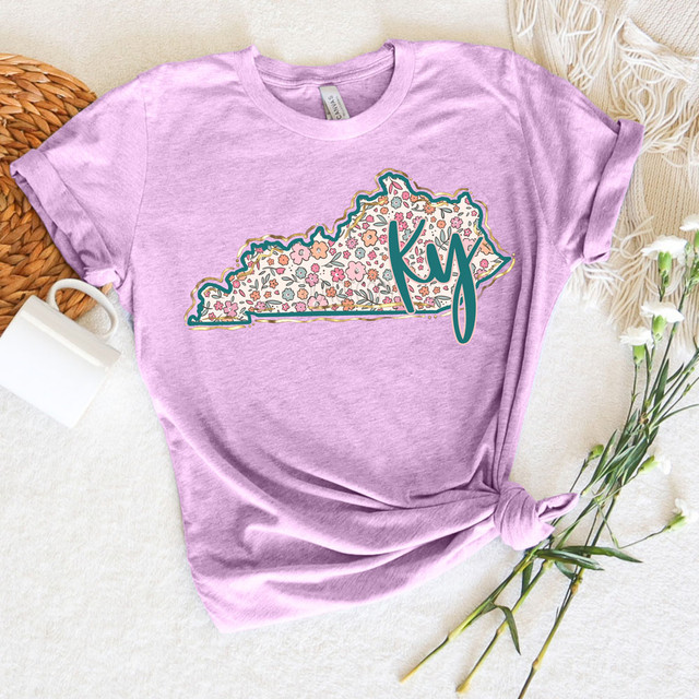KY Spring Floral DTF Heat Transfer, pink T-shirt with KY Kentucky outline filled with a colorful spring floral pattern.