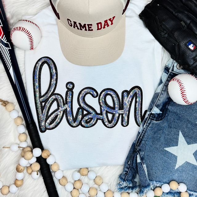Bison Sequin Patch, sparkling multicolored sequined patch that spells 'bison' in cursive on a white fabric background.