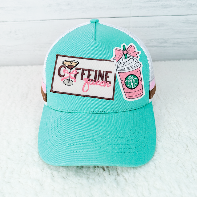 Pink Drink Coquette Embroidered HAT Patch, a turquoise and white baseball cap with embroidered patches of a pink Starbucks drink with a pink bow and a sign that reads 'Coffeefine Queen'.