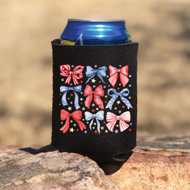 Coquette Bows DTF Heat Transfer, colorful bows design on black fabric can cooler for cans or bottles.