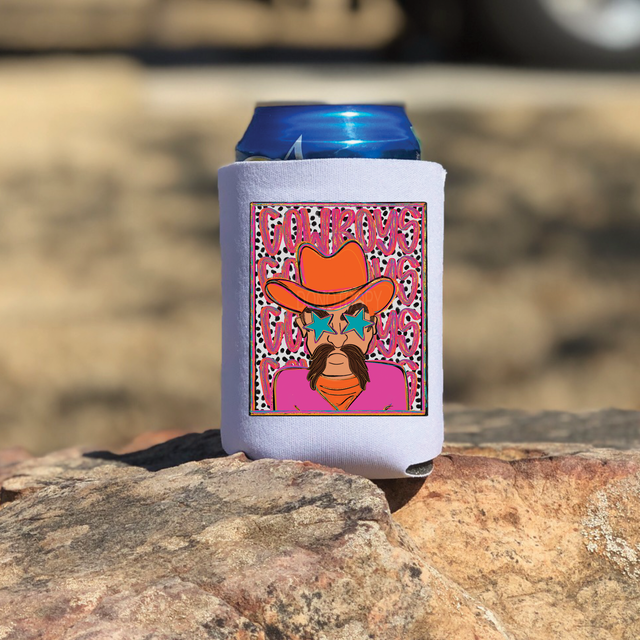 Cowboys Colorful Mascot DTF Heat Transfer, vibrant and detailed design of a cowboy mascot with a cowboy hat, star sunglasses, and pink clothing on a white can cooler.