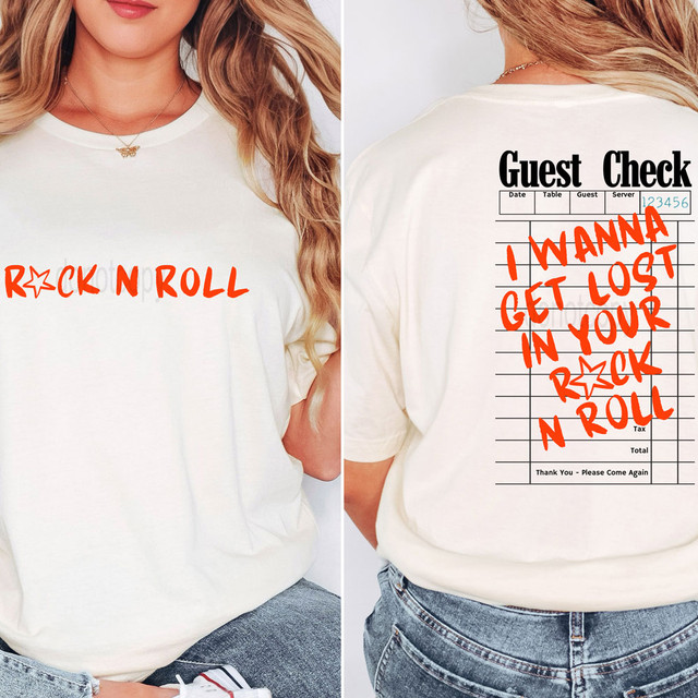 Rock N Roll Guest Check Full Size Set DTF Heat Transfer, close-up of a woman's white t-shirt with red text 'ROCK N ROLL' on the front and a guest check design with red lettering 'I WANNA GET LOST IN YOUR ROCK N ROLL' on the back.