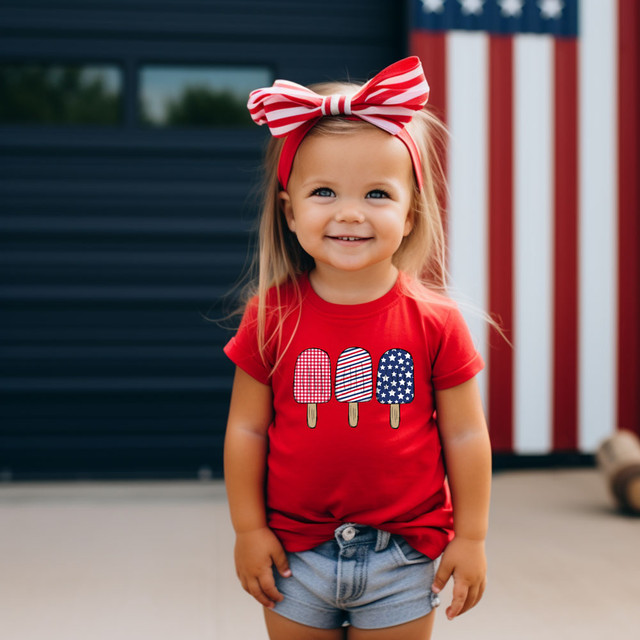Patriotic Pops DTF Heat Transfer, young girl wearing a red t-shirt with patriotic popsicle designs in red, white, and blue, on a patriotic-themed outdoor background.