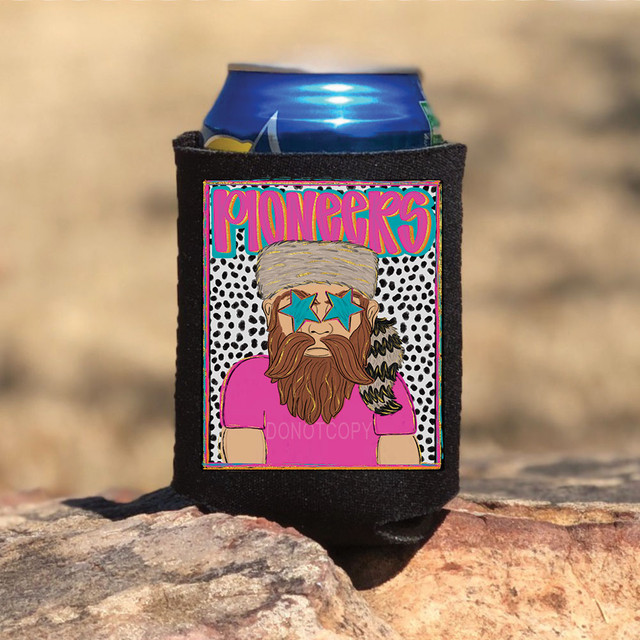 Pioneers Colorful Mascot DTF Heat Transfer, cartoon graphic of a hipster man with a beard wearing star-shaped sunglasses and a pink shirt, on a black can cooler.