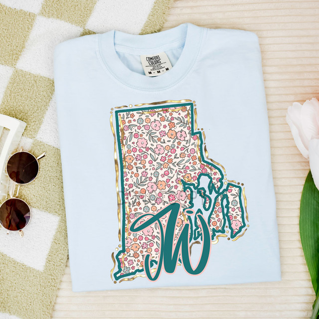RI Spring Floral DTF Heat Transfer, colorful floral outline of the state of Rhode Island with the word 'Hi' in stylish script on a light blue T-shirt.