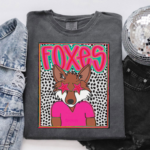 Foxes Colorful Mascot DTF Heat Transfer, vibrant colorful fox mascot design on a gray T-shirt