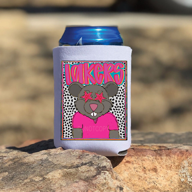 Lakers Colorful Mascot DTF Heat Transfer, vibrant cartoon mascot design on a white can cooler.