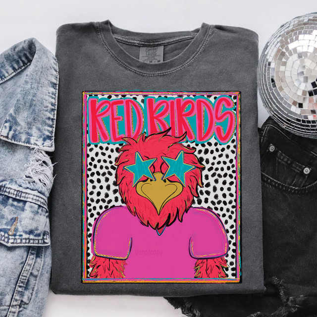 Red Birds Colorful Mascot DTF Heat Transfer, vibrant cartoon bird character with star-shaped sunglasses on a gray T-shirt.