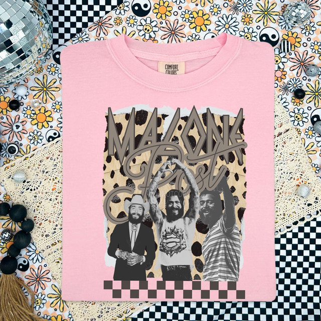Spotted Background Malone DTF Heat Transfer, pink T-shirt with a graphic print of three men and the words 'Malone' and 'Post' on a floral background.