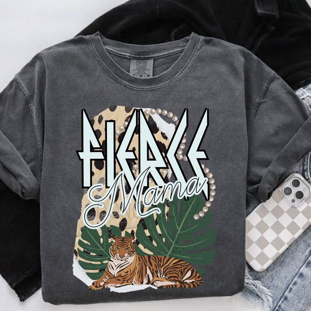 Fierce Mama Tiger DTF Heat Transfer, a design featuring a tiger, tropical leaves, pearls, and the text 'Fierce Mama' on a gray T-shirt.