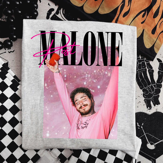 Pink/Black PMalone DTF Heat Transfer, vibrant pink and black design on fabric showcasing the product.