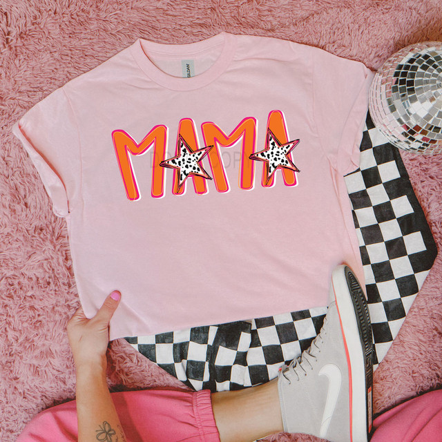 Mama Spotted Stars DTF Heat Transfer, pink t-shirt with colorful starry 'MAMA' design.