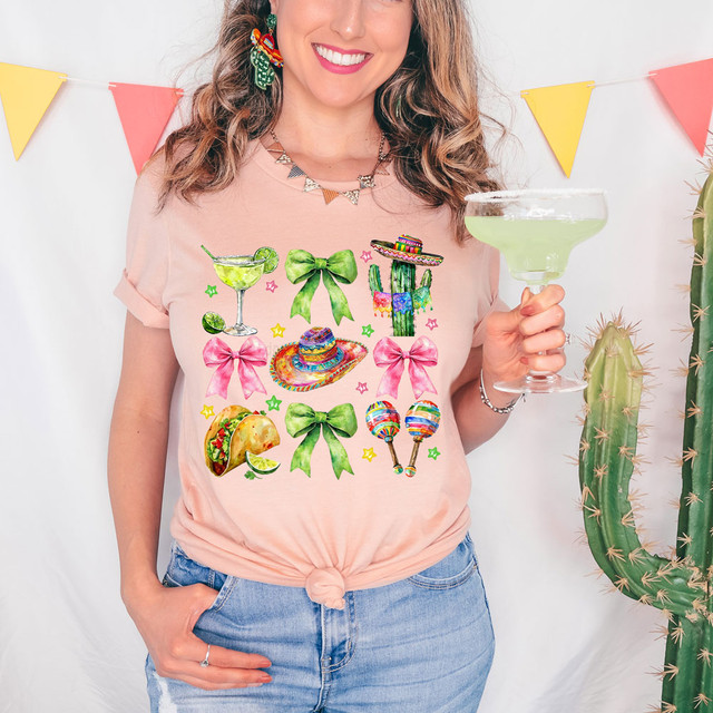 Tacos & Margaritas Coquette DTF Heat Transfer, colorful design featuring tacos, margarita, sombreros, and festive ribbons on a woman's t-shirt.