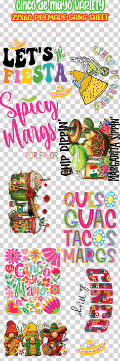 Cinco de Mayo Premade 22x60 Gang Sheet DTF Heat Transfer, colorful festive design with phrases like 'Let's Fiesta,' 'Spicy Margs,' and images of sombreros, tacos, margaritas, maracas, flowers, and guitars for celebrations.