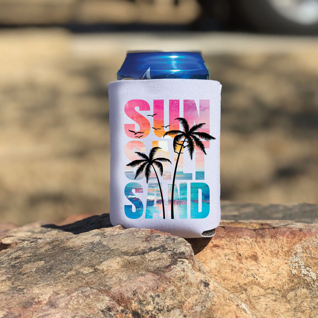 Sun Salt Sand Palm Trees DTF Heat Transfer, a colorful design featuring palm trees, sunset, and ocean waves on a white can cooler.