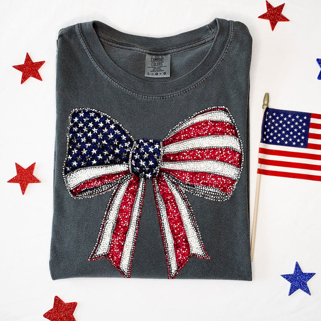 Faux Rhinestone Stars And Stripe Bow DTF Heat Transfer, a gray T-shirt featuring a rhinestone bow design in American flag colors with stars and stripes.