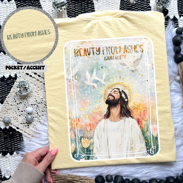 Beauty From Ashes SET DTF Heat Transfer, colorful religious artwork featuring Jesus with doves and a gold halo, for fabric printing.