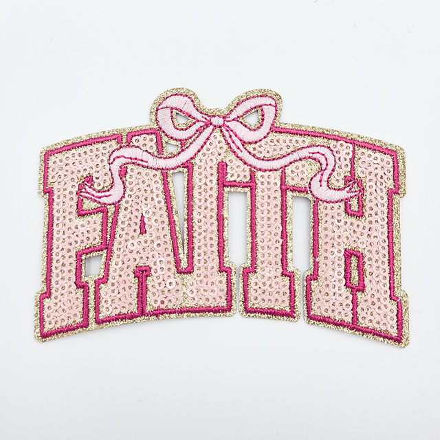FAITH Embroidered & Sequin HAT/POCKET Patch, pink embroidered patch with sequins and a bow design.