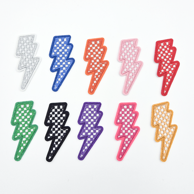 Checkered Lightning Bolt Embroidered HAT/POCKET Patch, multicolor embroidered patches with checkered lightning bolt design in various colors including white, blue, orange, pink, red, green, black, purple, and yellow.