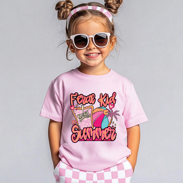 Feral Kid Summer DTF Heat Transfer, a colorful and playful design featuring a tropical drink, palm tree, and the text 'Feral Kid Summer' on a young girl wearing sunglasses and a pink outfit.